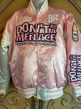 Headgear Classics Pink Satin Varsity Jacket with 'Don't Be A Menace' Graphic